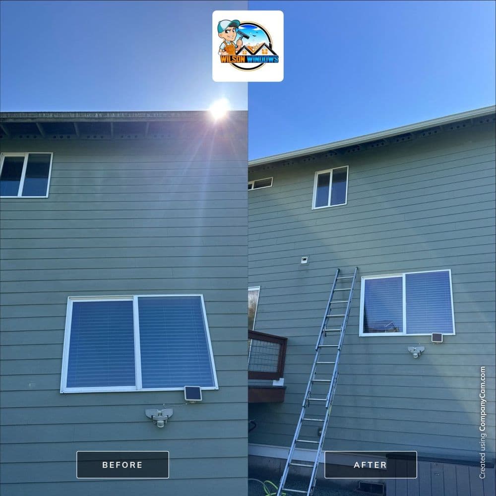 Side-by-side home exterior transformation, showing before and after renovation. Clean, blue sky.
