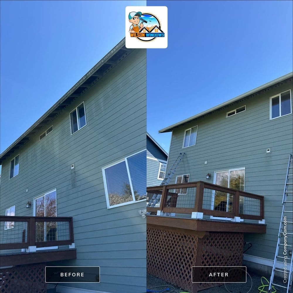 Before and after house cleaning showcasing exterior transformation with clear blue sky.