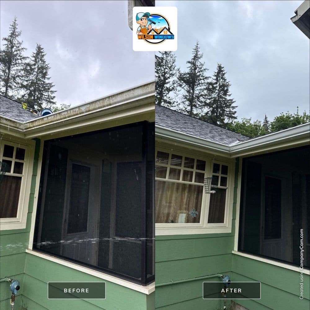 Before and after of a home's exterior showing gutter cleaning results, with cloudy skies above.