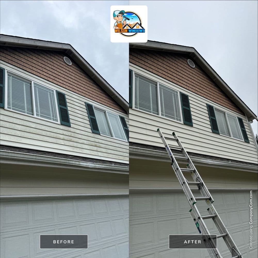 Before and after home exterior siding transformation with ladder and cloudy sky.