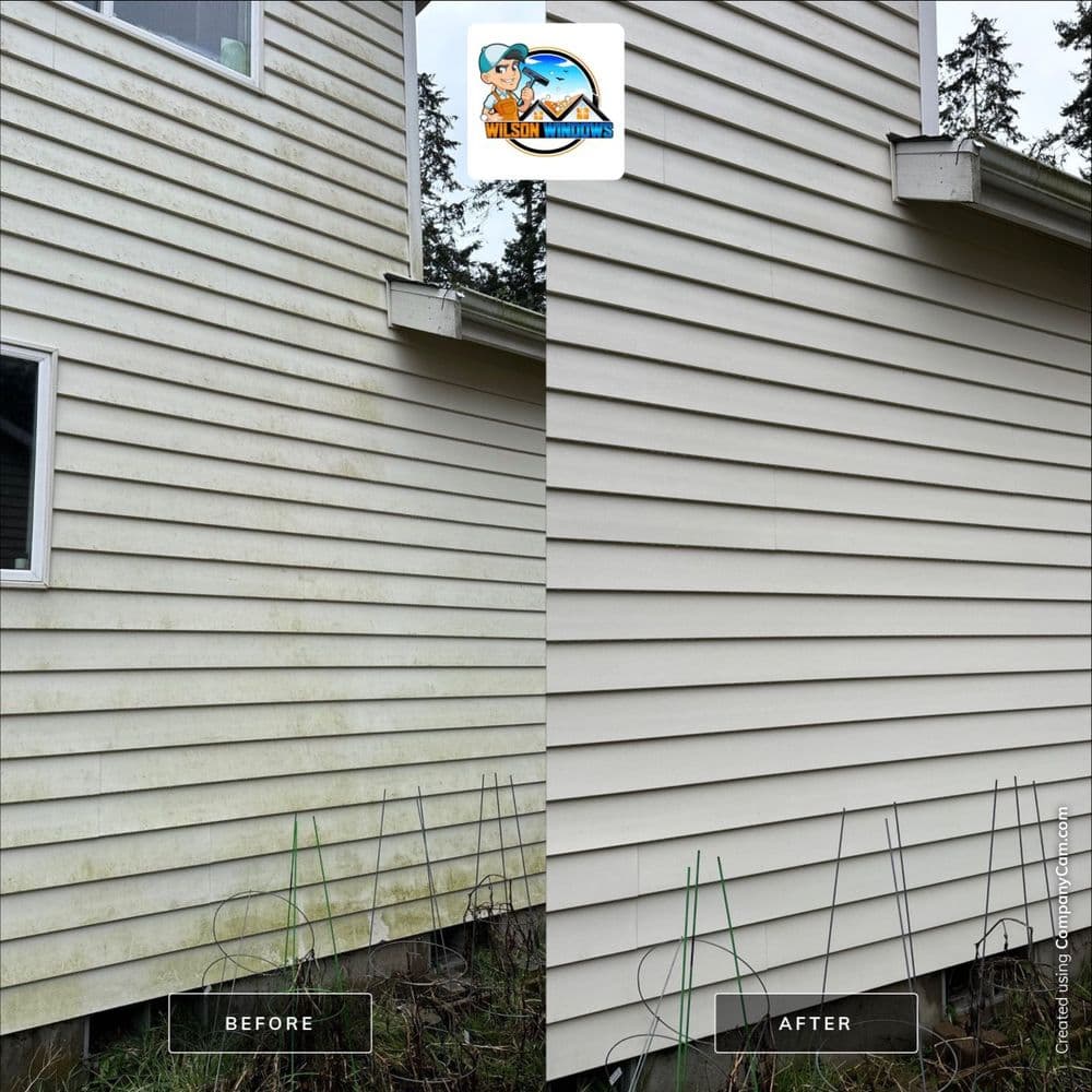 House siding cleaning before and after, showcasing significant dirt removal and restoration.