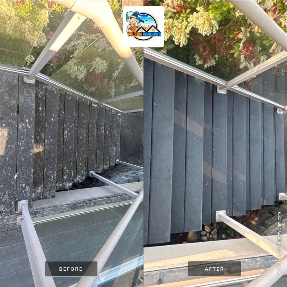 Before and after comparison of cleaned slate stairs, showcasing improved appearance.