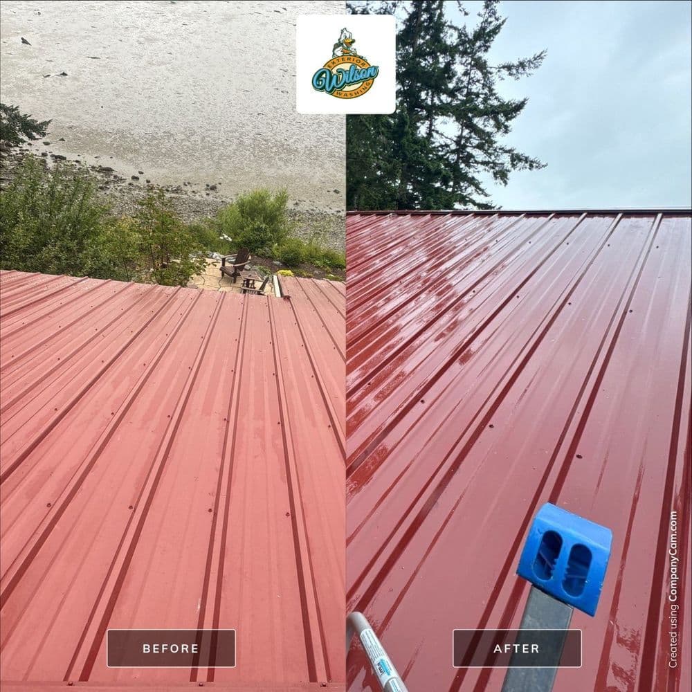Comparison of a metal roof before and after cleaning, showcasing improved appearance and shine.