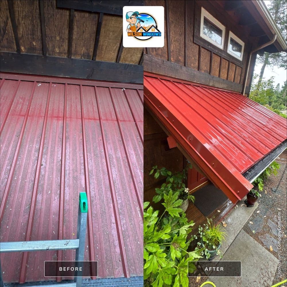 Before and after image of a freshly cleaned red metal roof showcasing significant restoration.