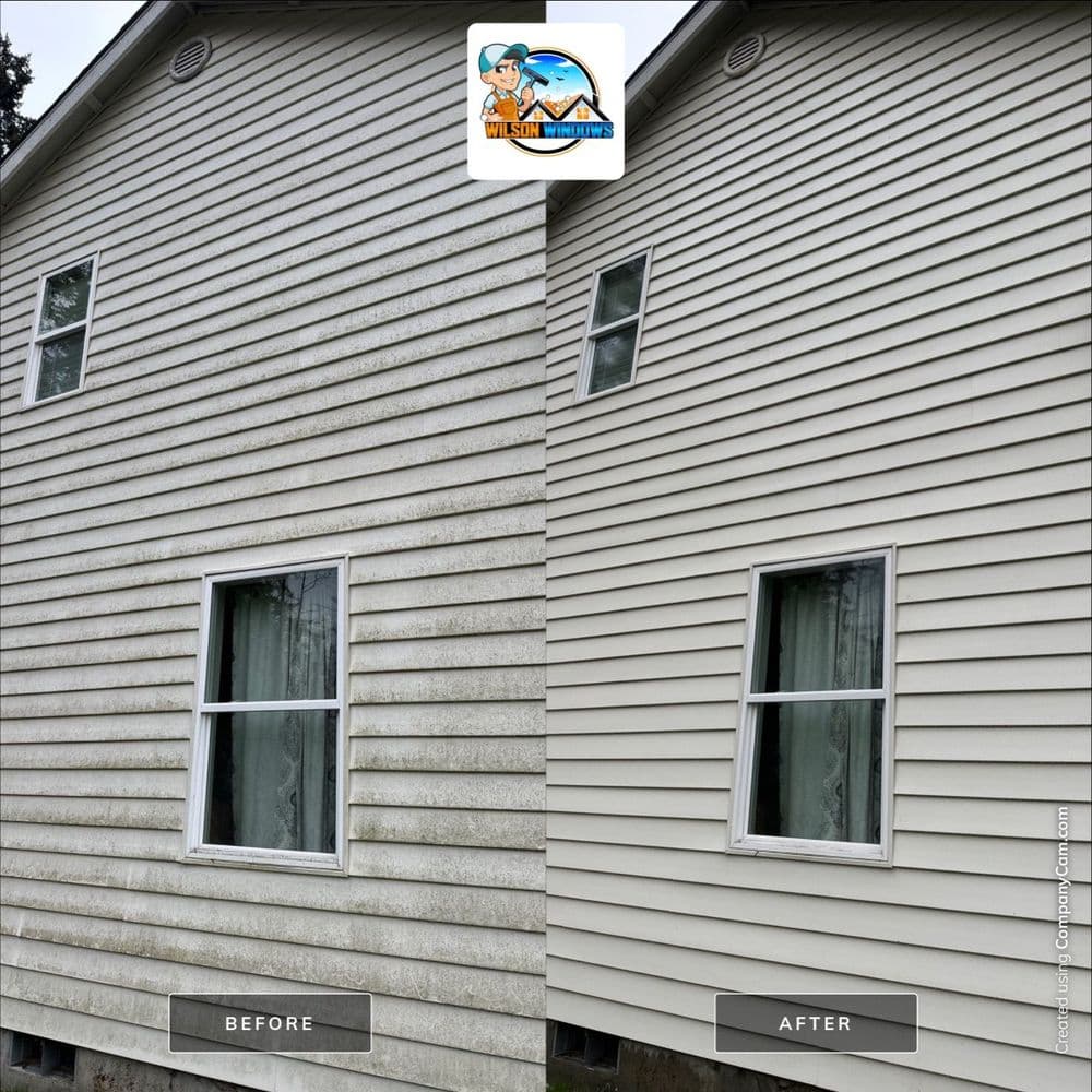 Side-by-side comparison of house siding before and after cleaning, showcasing improved appearance.