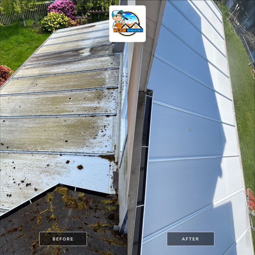 Before and after comparison of a roof cleaning, showcasing dramatic transformation.