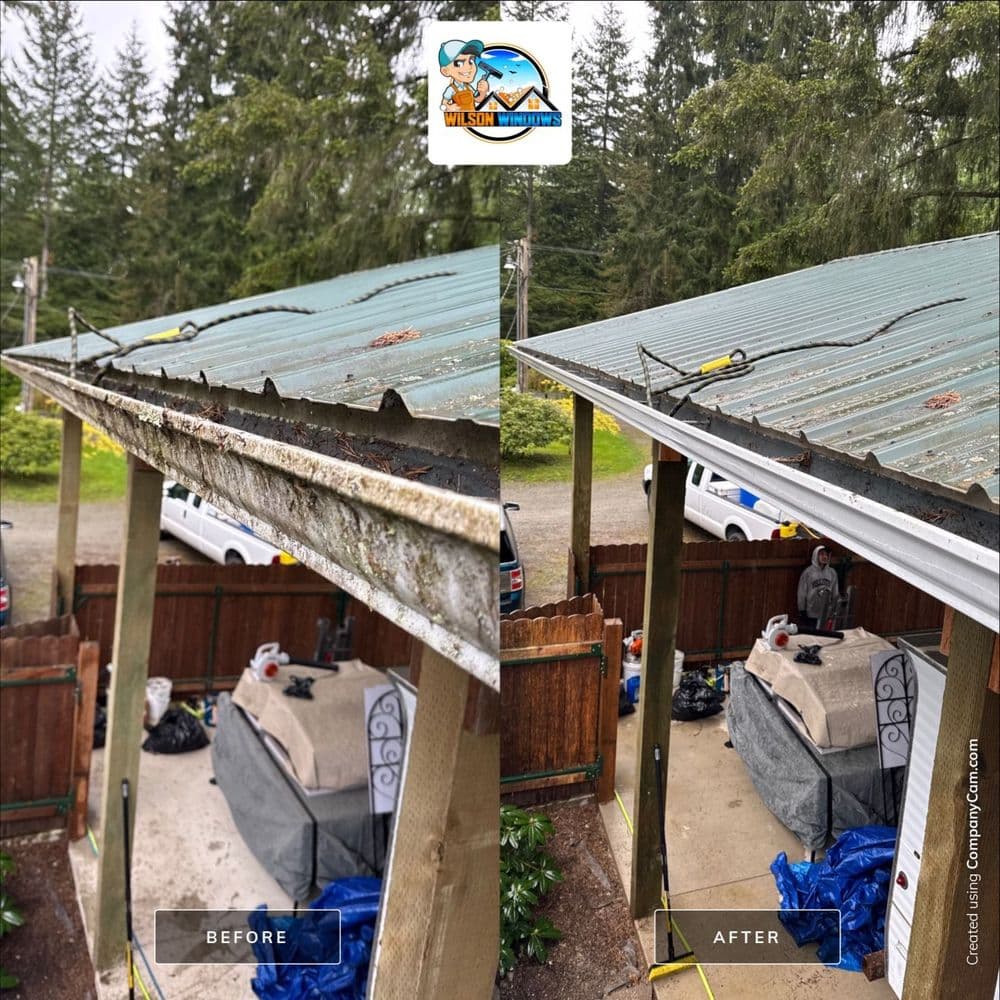 Before and after image of a roof cleaning, showcasing improved gutter and roof condition.