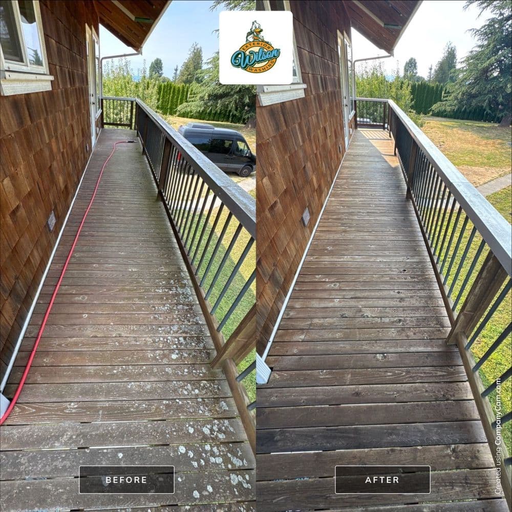 Deck cleaning transformation: before and after showing restored wood and improved aesthetics.
