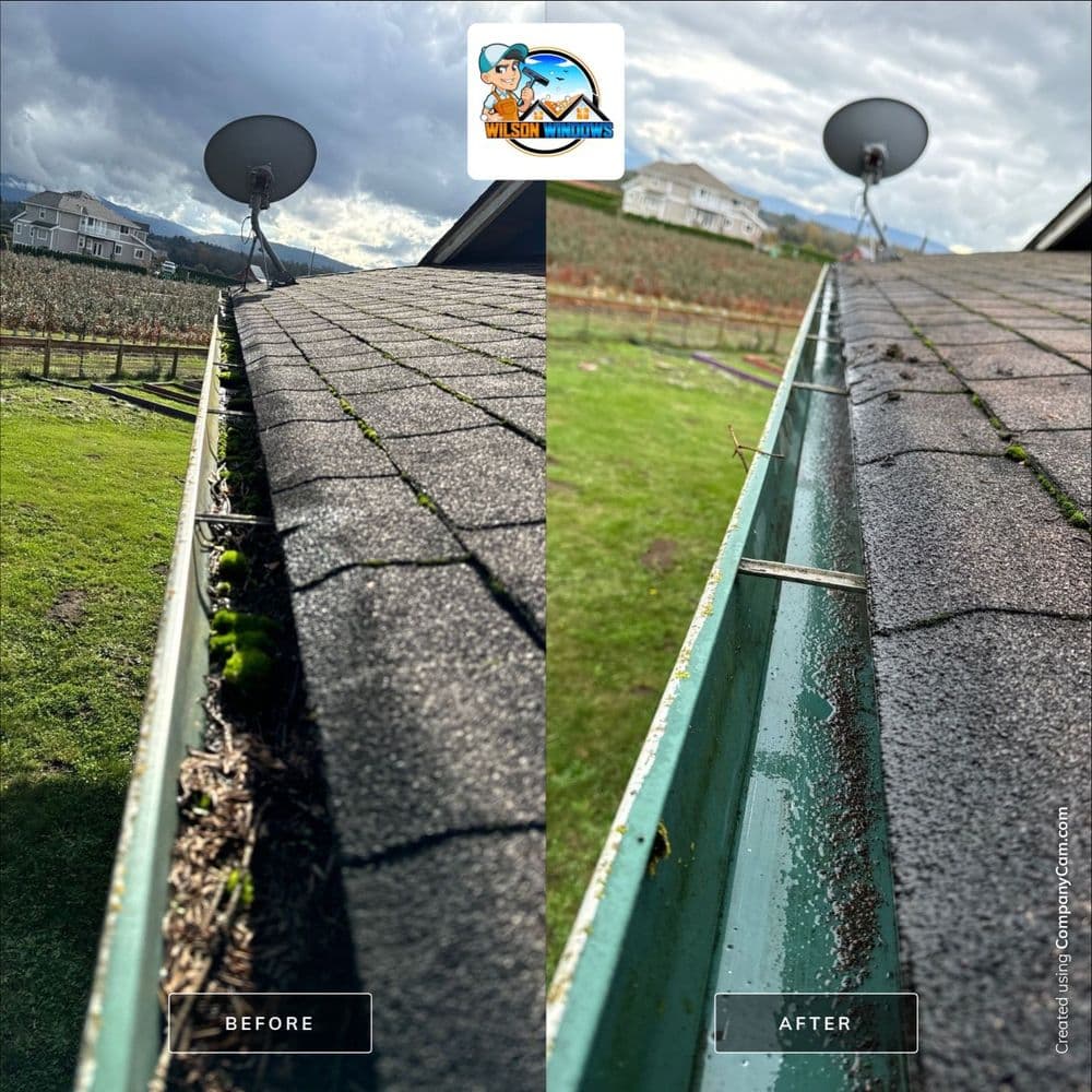 Gutter cleaning before and after, showcasing improved visibility and water flow.