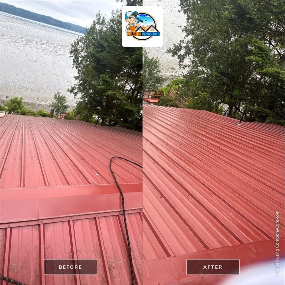 Before and after metal roof restoration showcasing improved condition and vibrant color.