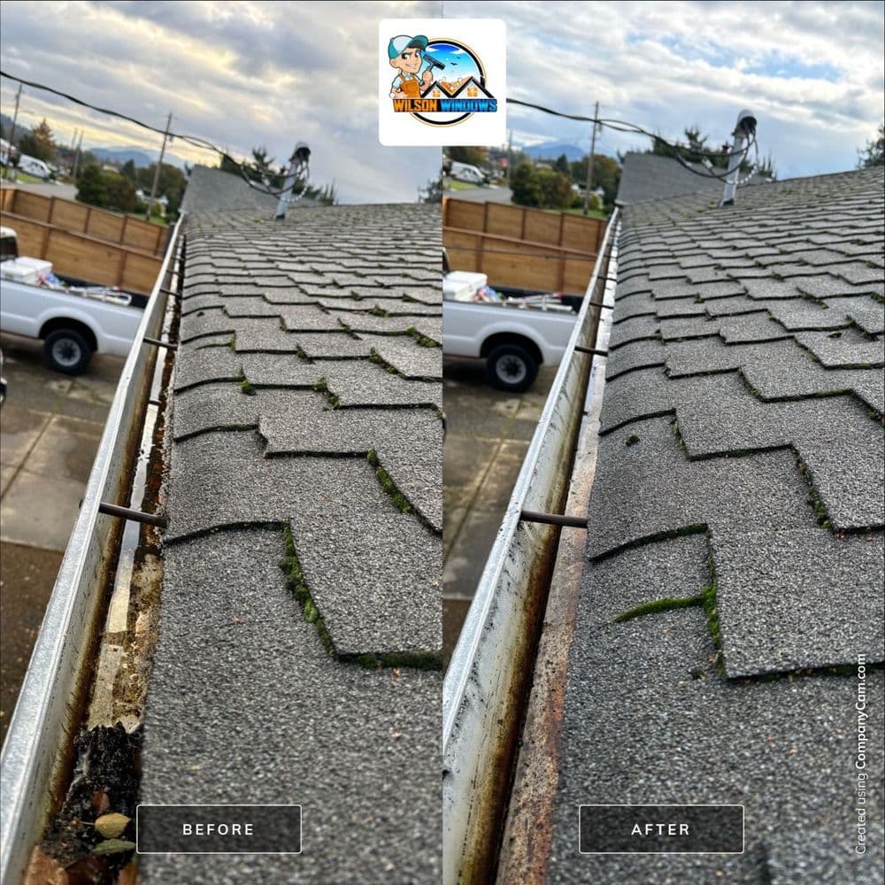 Comparison of roof gutter cleaning: before and after showing improved drainage and appearance.