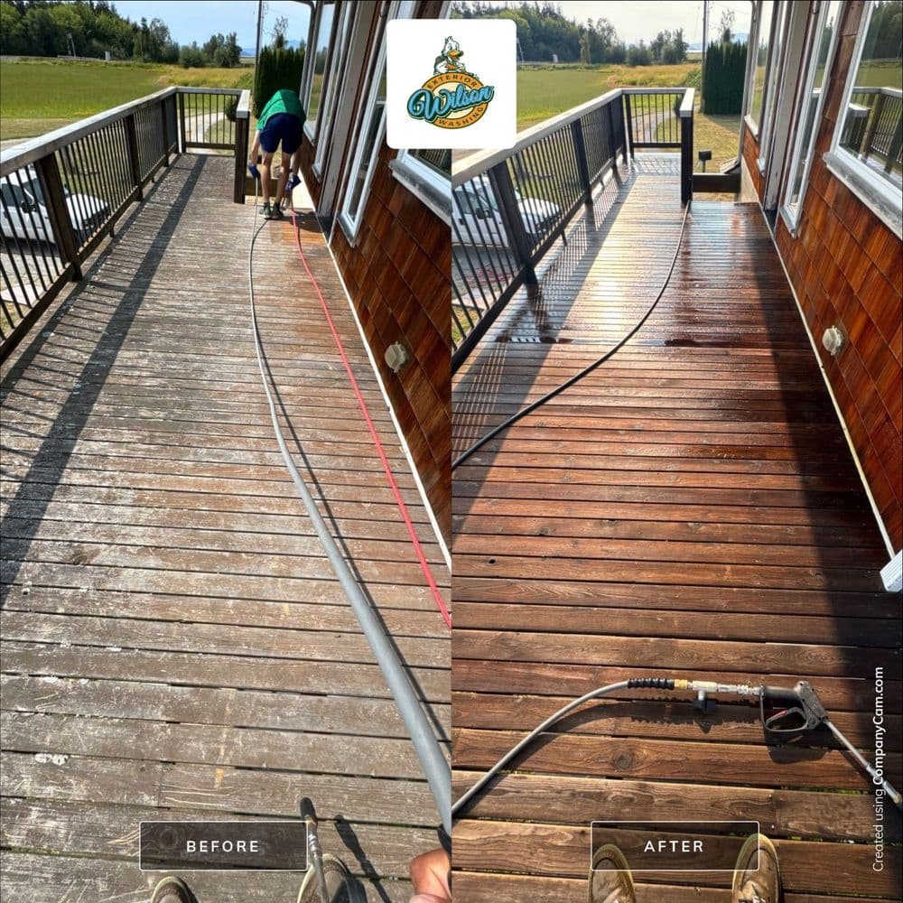 Deck cleaning transformation: before and after pressure washing for a restored look.
