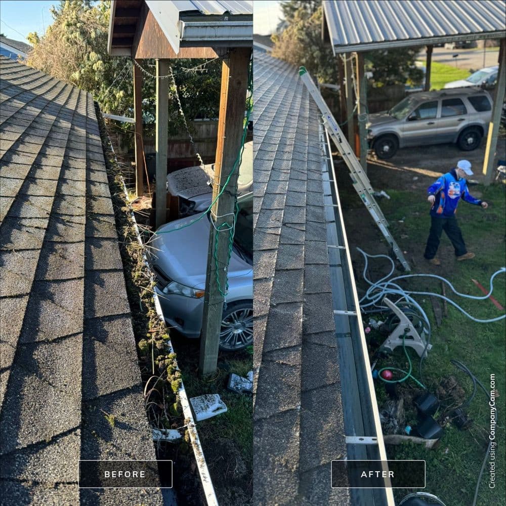 Before and after photos of roof cleaning and gutter maintenance next to a parked car.