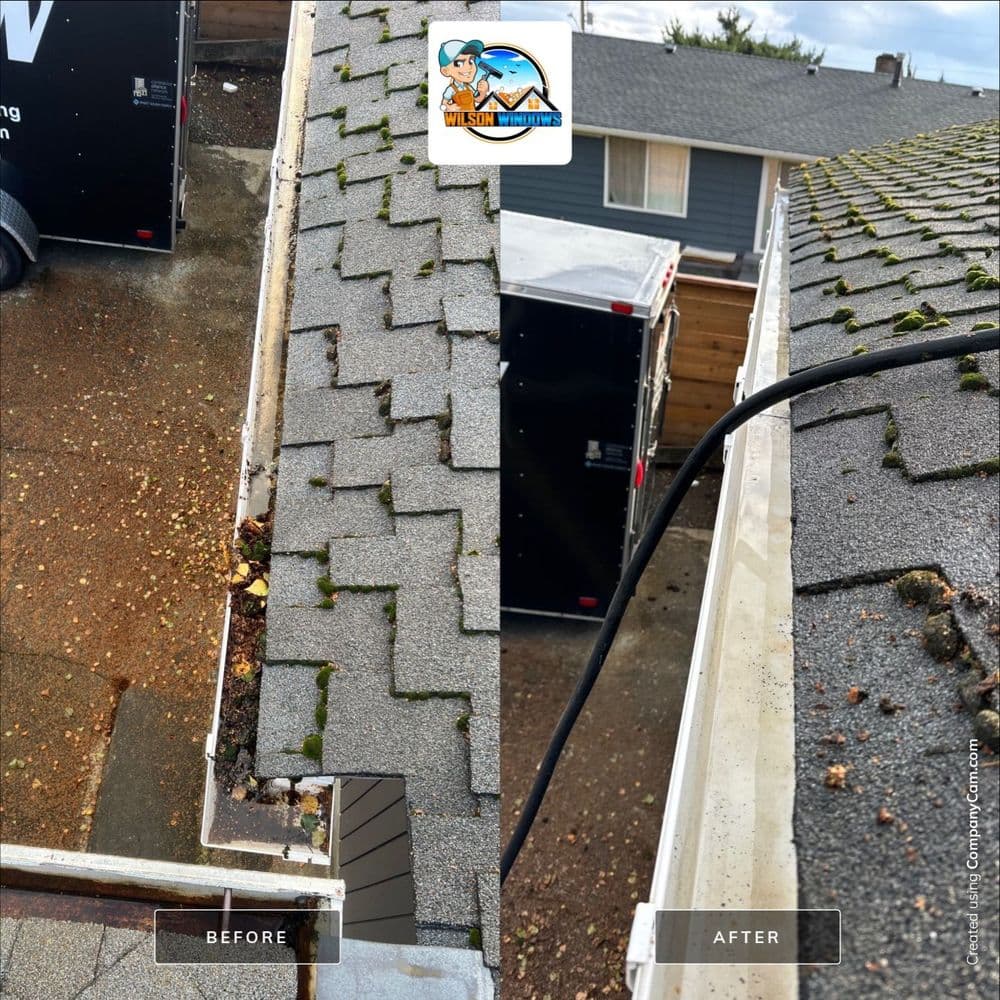 Side-by-side comparison of a roof before and after cleaning, showing improved cleanliness and condition.