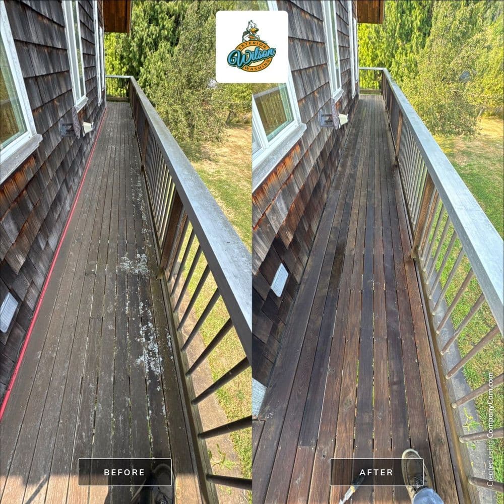 Before and after comparison of a deck cleaning, showcasing restoration and improved appearance.