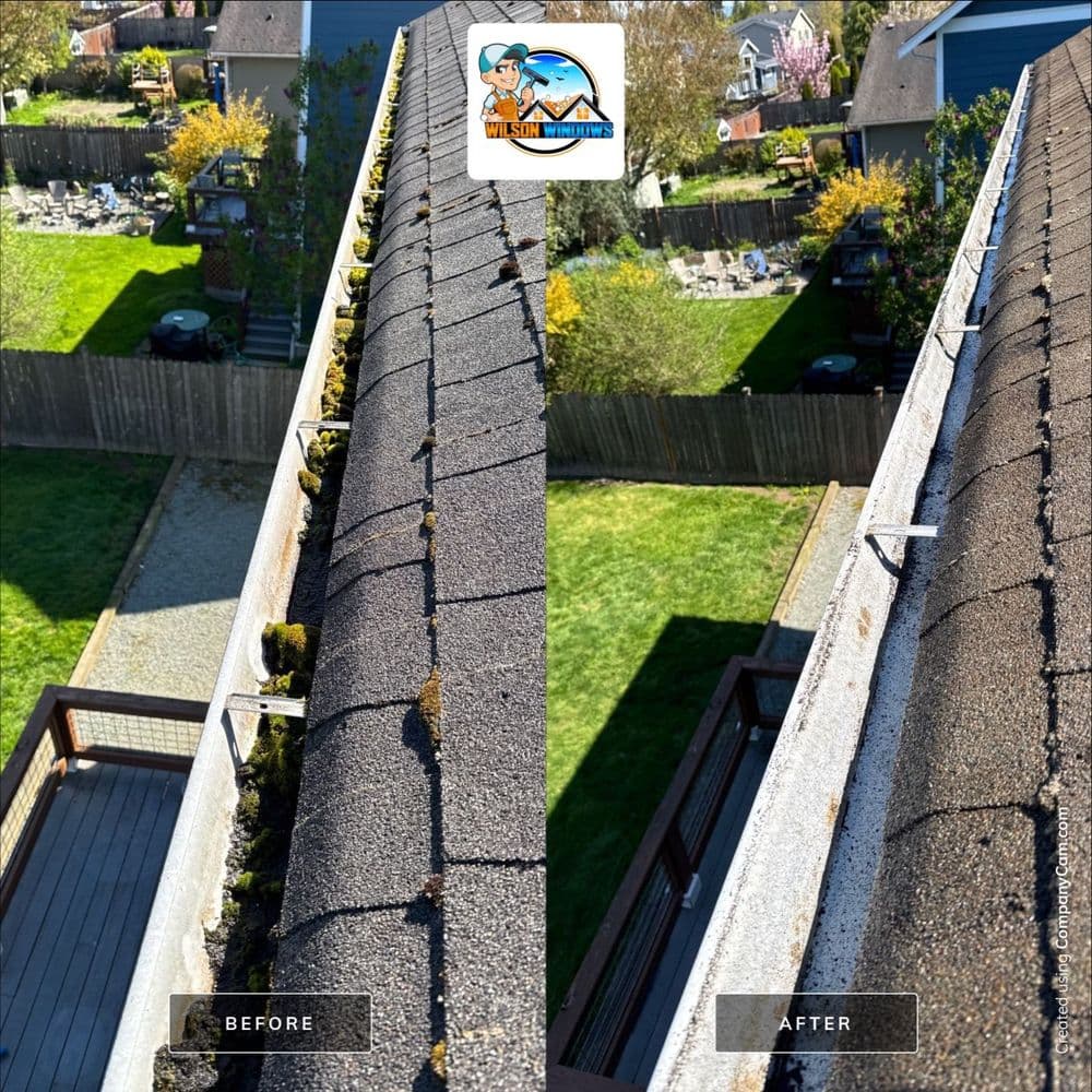 Gutter cleaning transformation: before and after showing improved roof drainage.