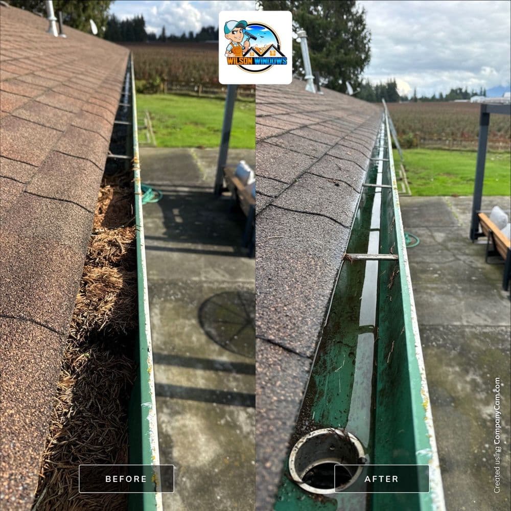 Before and after gutter cleaning, showing debris removal and clear drainage path.