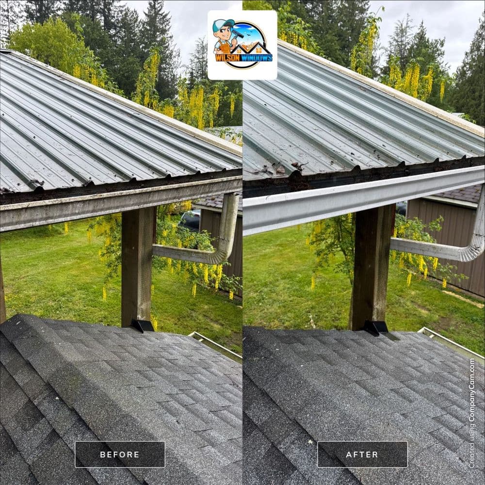 Before and after roof cleaning showing improved condition of metal and shingle roofing.