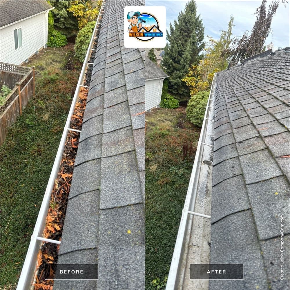 Gutter cleaning before and after, highlighting clean gutters and improved drainage.