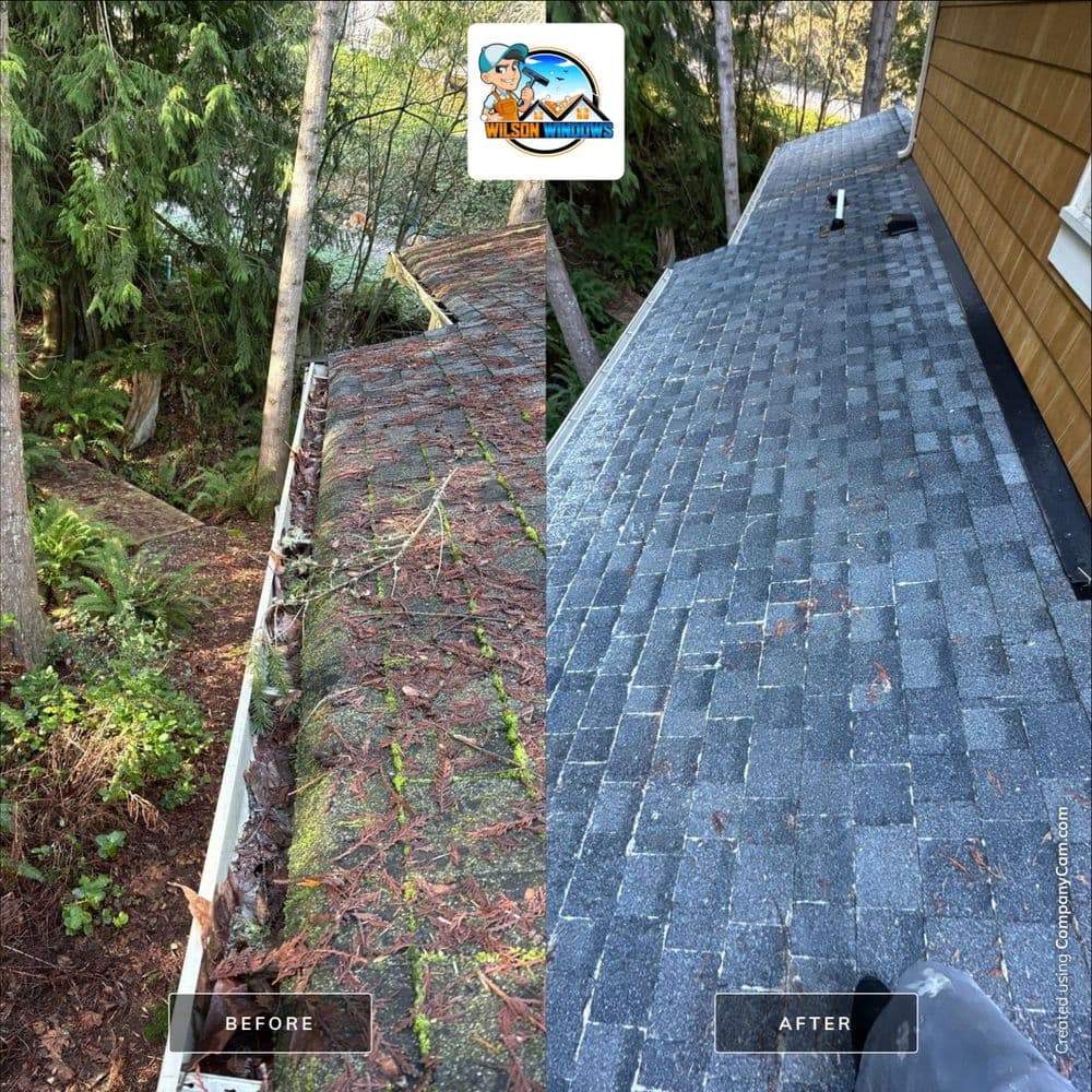 Before and after roof cleaning, showcasing clear shingles and eliminated debris.