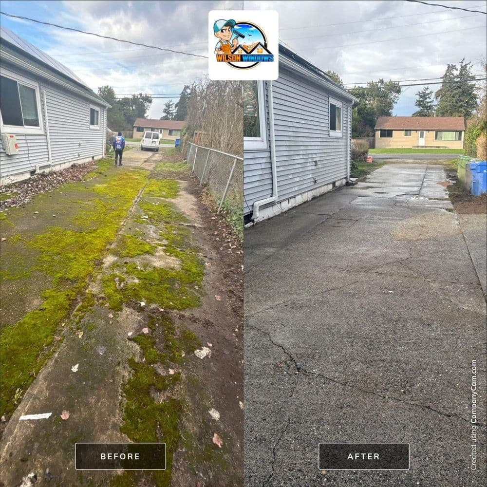Before and after images of a cleaned driveway, showcasing significant landscaping improvement.