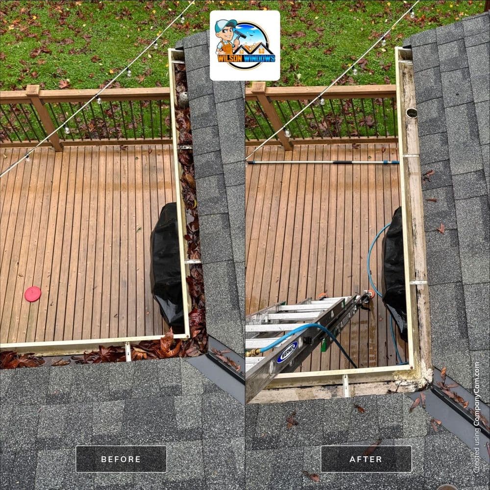 Before and after roof cleaning, showcasing debris removal and improved appearance.