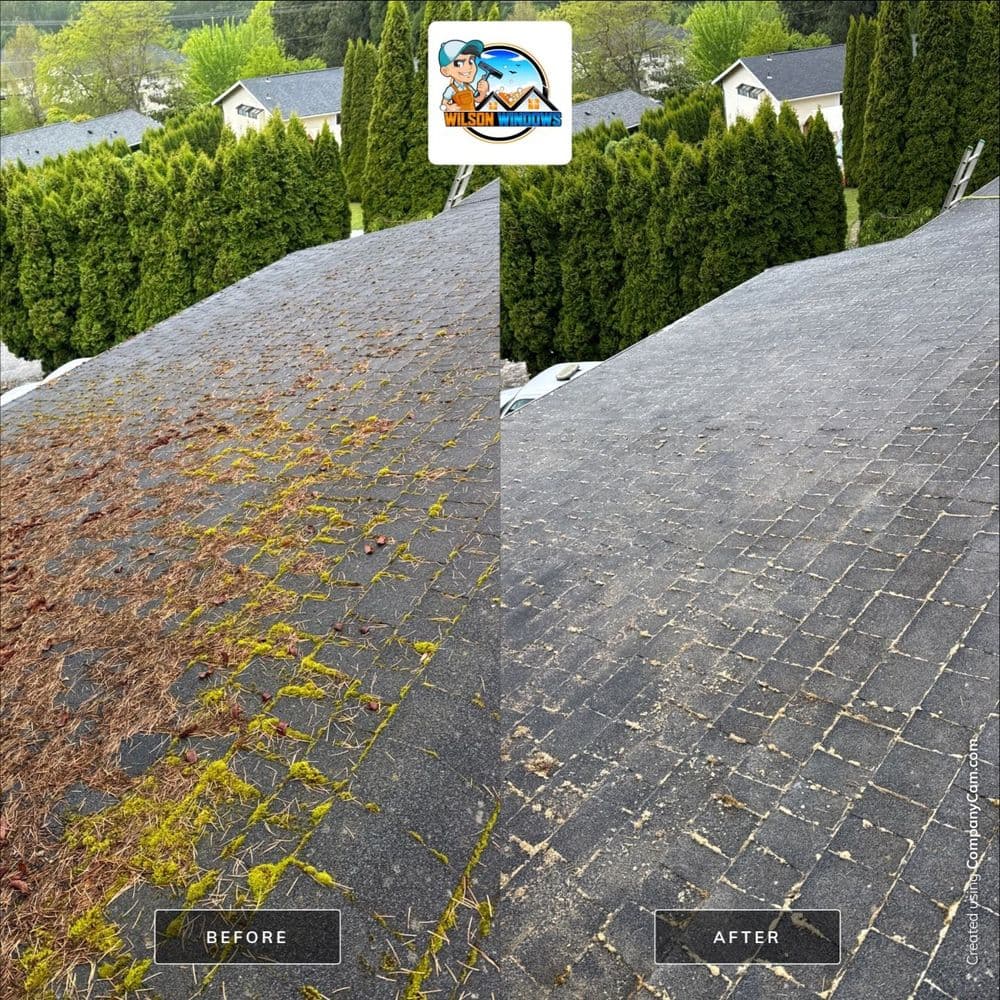 Roof cleaning before and after showing significant moss removal and restoration.