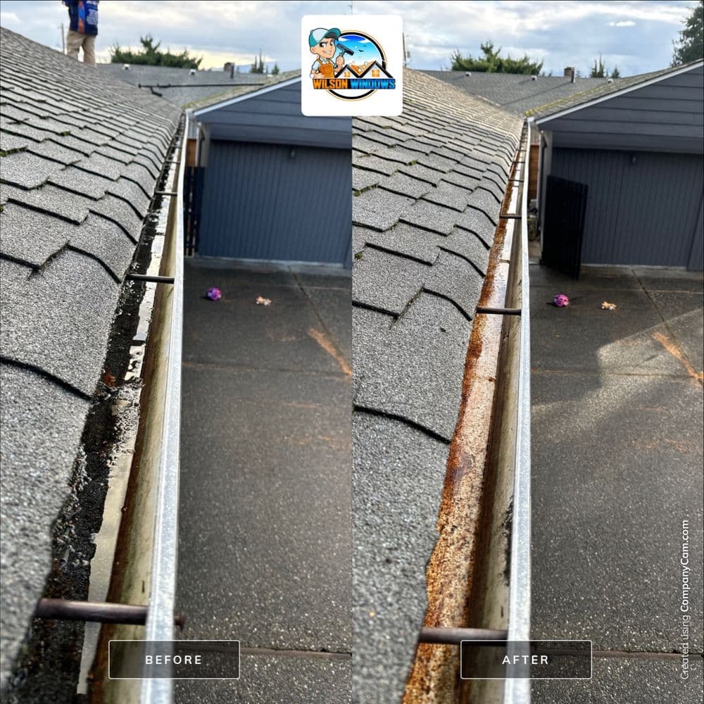 Before and after roof cleaning showing improved gutter appearance and functionality.