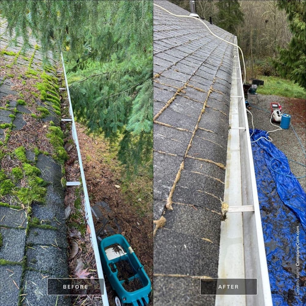 Gutter cleaning transformation: Before and after showing cleared debris and improved water flow.