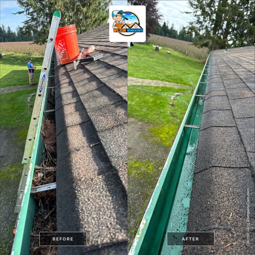 Before-and-after gutter cleaning on a roof, showcasing improved drainage and maintenance.