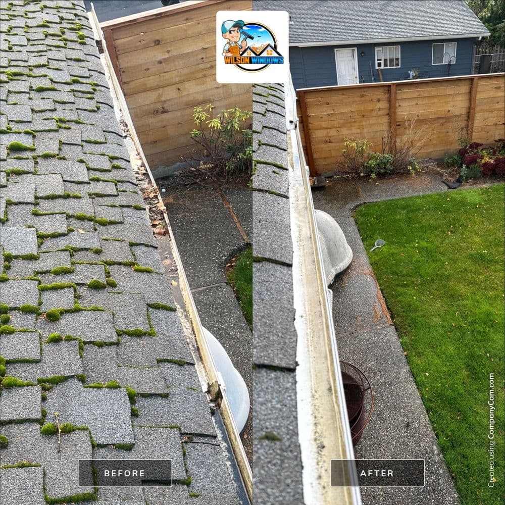 Gutter cleaning before and after comparison showing significant improvement and debris removal.