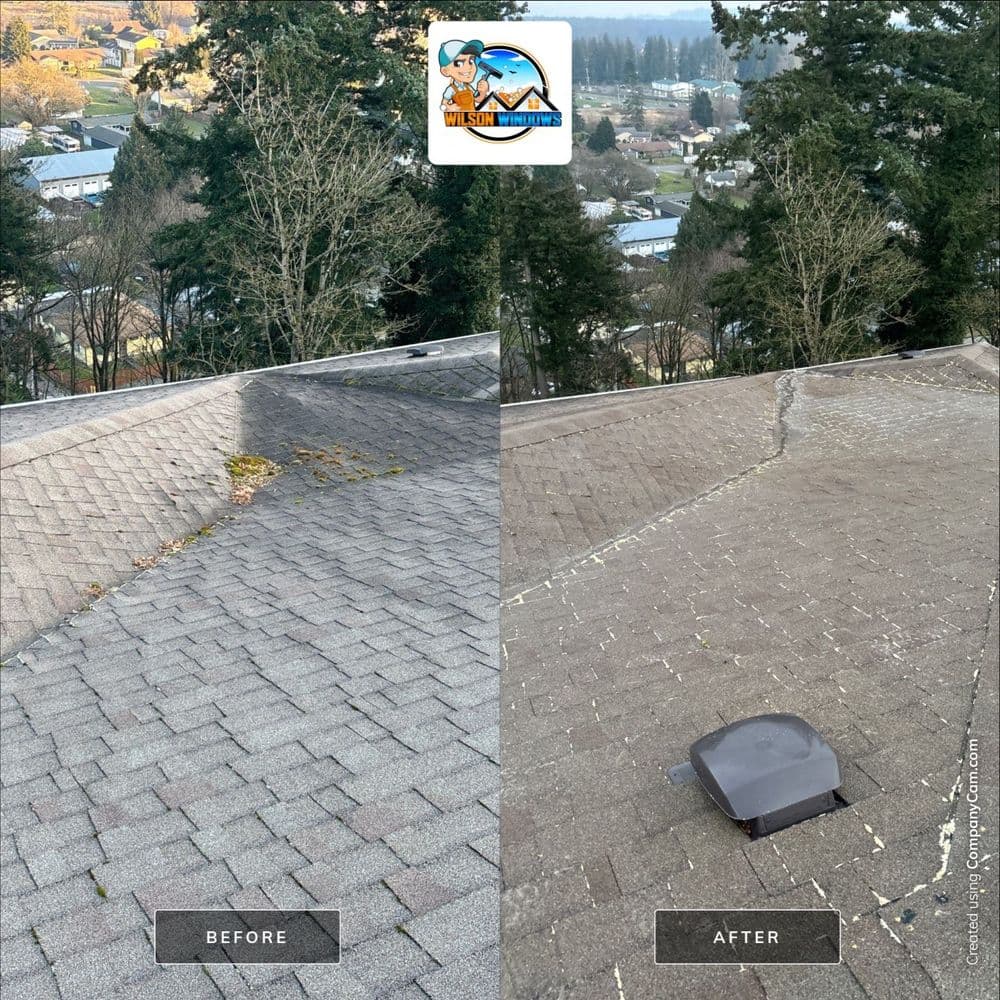 Roof cleaning before and after showing improved surface without debris and added vent detail.
