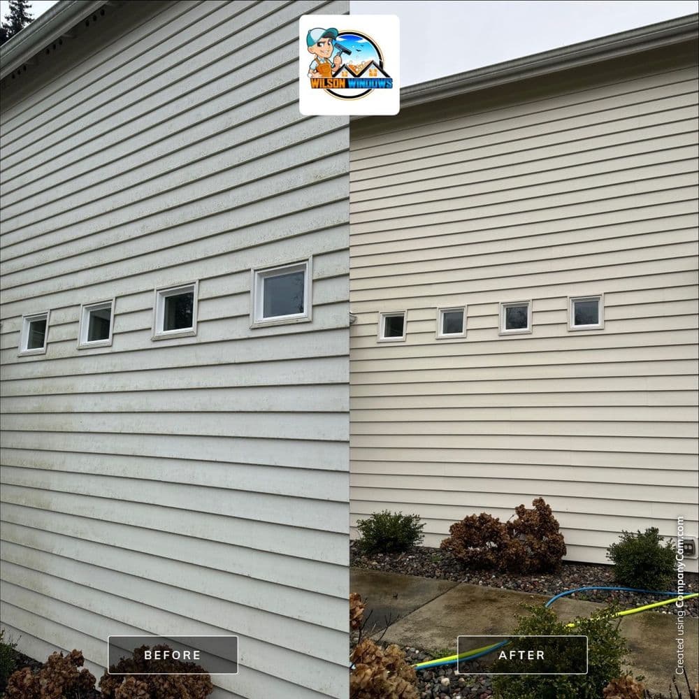 Side-by-side comparison of home exterior, showing before and after siding cleaning results.