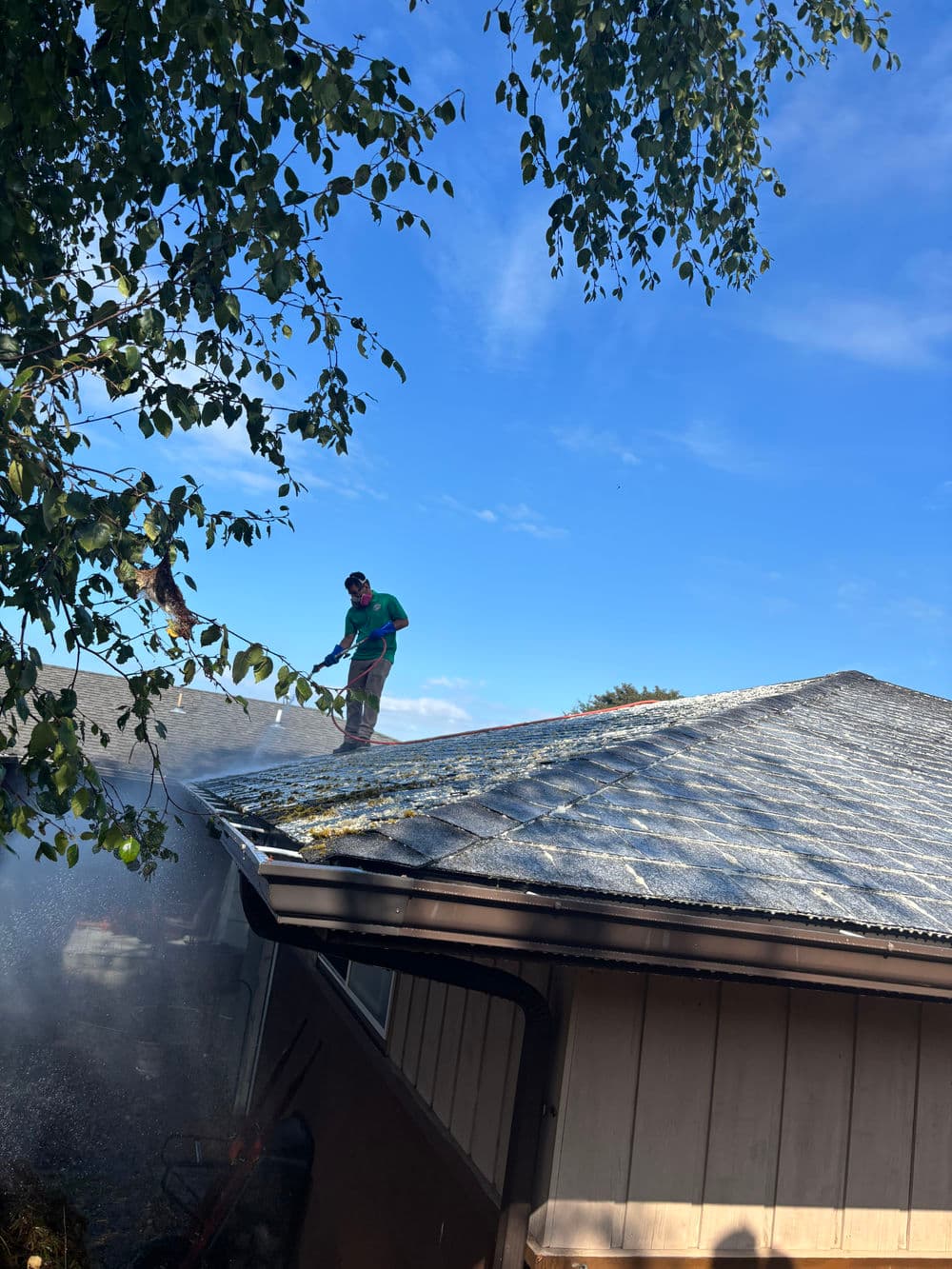 Person cleaning moss off a roof with a pressure washer under clear blue skies.