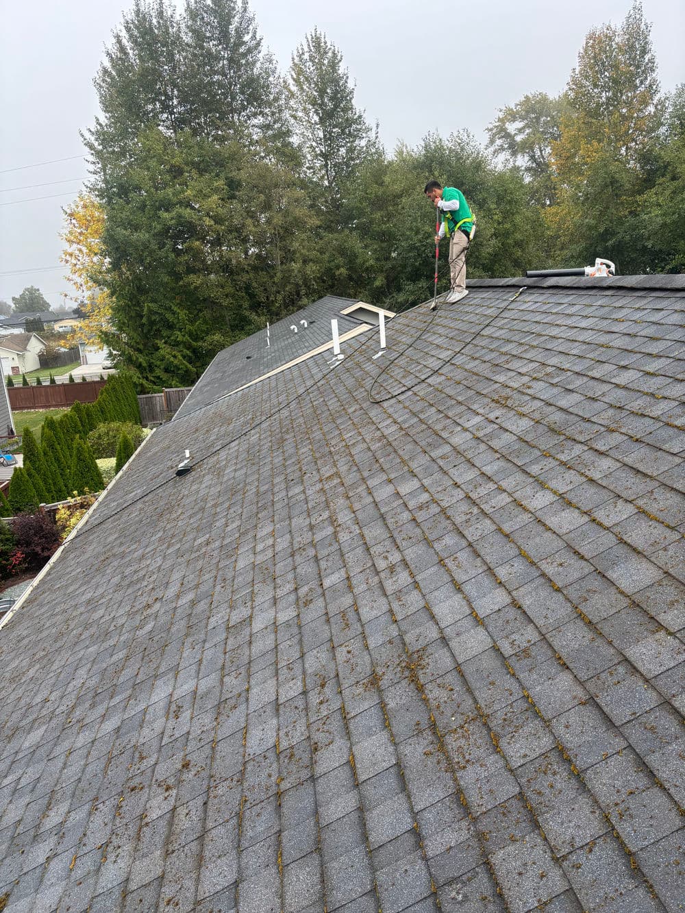 Worker cleaning a residential roof with moss removal equipment on a cloudy day.